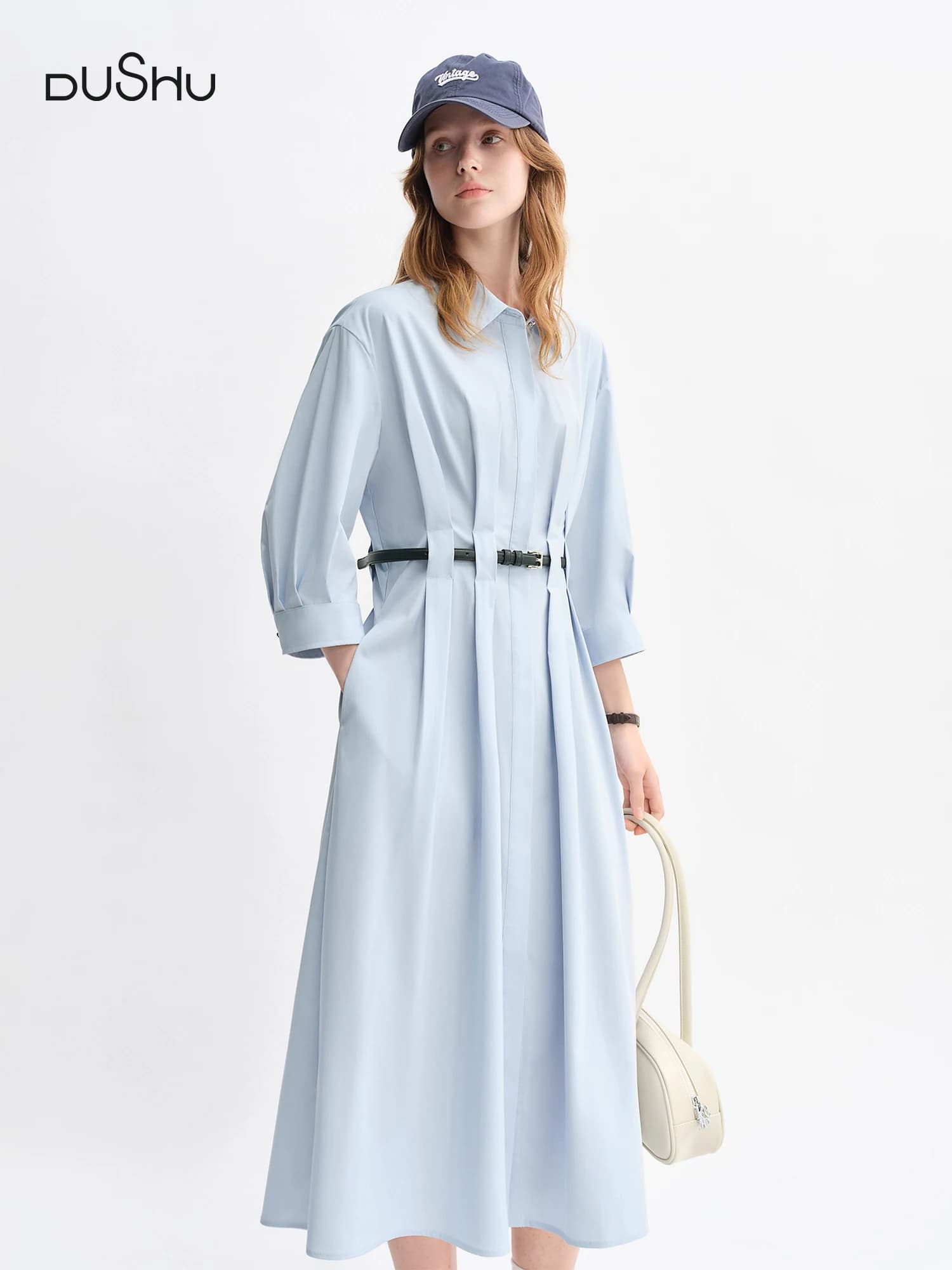 DUSHU Women's Shirt Dress Autumn 2025 New Vertical Striped Pleated Design Pear-shaped Mid-length Dress with Belt 25DS83125