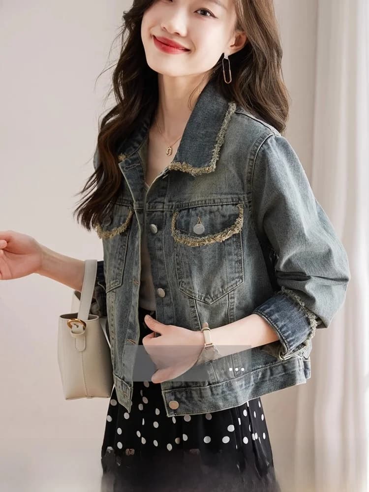 Women's Short Denim Jacket Spring Autumn Loose Design Sense Frayed Tag Removed Fashionable Commute Style Button Closure