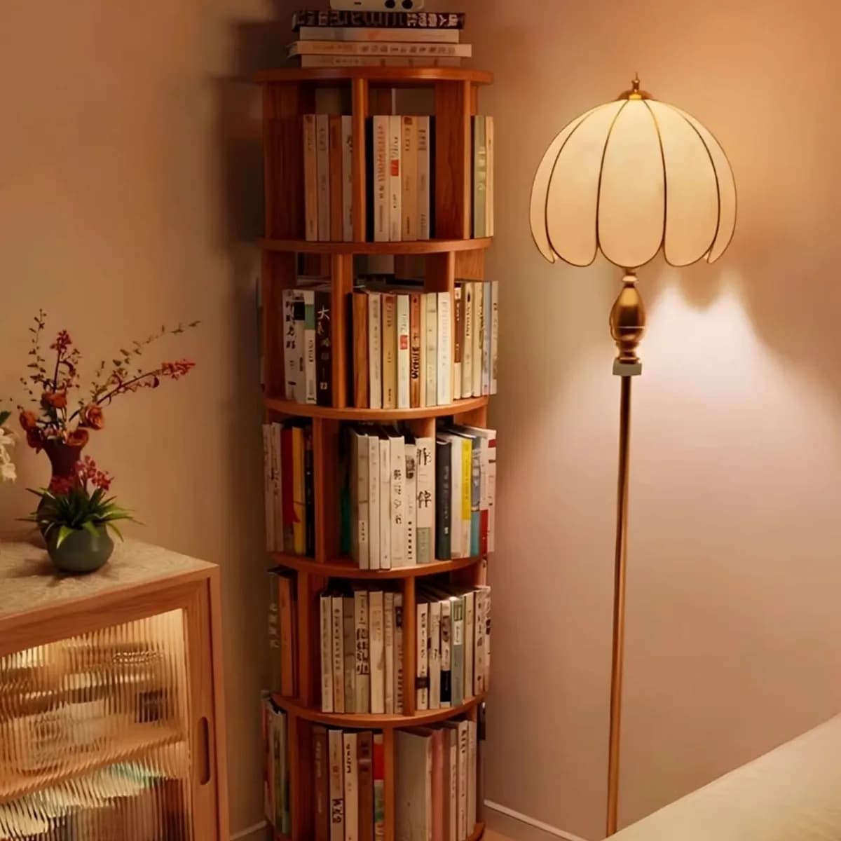 360 ° Libreria Girevole – Scaffale Mobile in Legno Massello con Ruote Bloccabili, Adatto per Angoli e Pareti