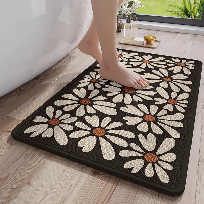 Tappetino da bagno in lino antiscivolo con stampa margherita - Tappeto da bagno assorbente ad asciugatura rapida con supporto in gomma, design lavabile in lavatrice e traspirante