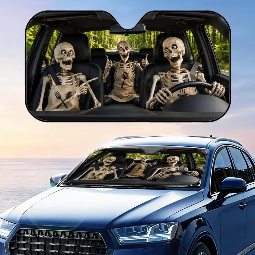 Divertente Parasole per Auto a Forma di Scheletro con Grembiule, Protezione UV, Riflettente, Pieghevole, Copertura Isolante dal Calore