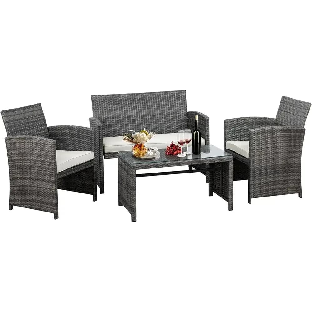 4-Piece Outdoor Patio Furniture Set with Wicker Chairs, Cushions, and Coffee Table for Garden, Balcony, Porch - Beige