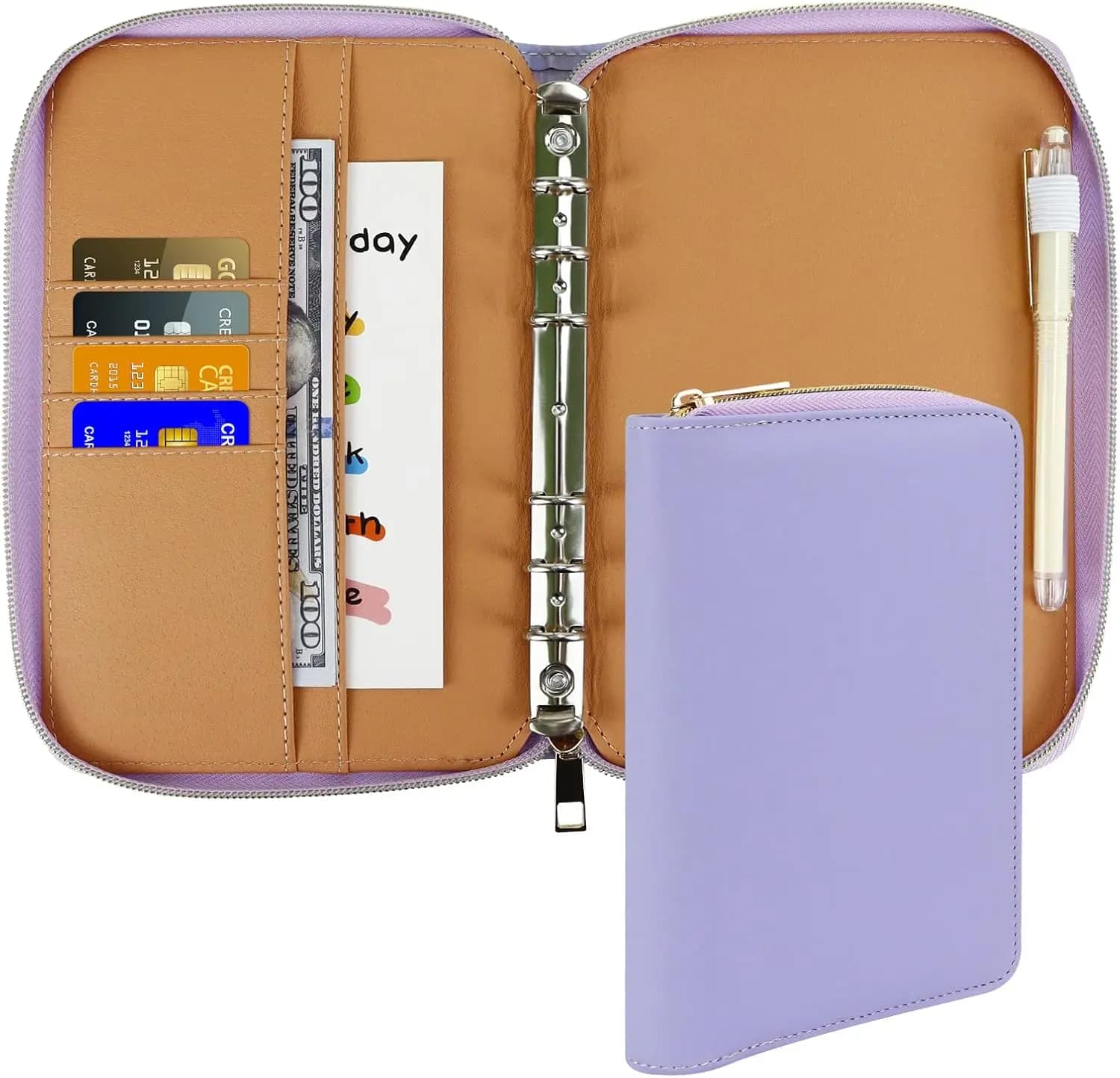 Raccoglitore budget in pelle A6 Sistema di buste per contanti Portafoglio tutto in uno Planner budget Quaderno in pelle PU a 6 anelli con cerniera