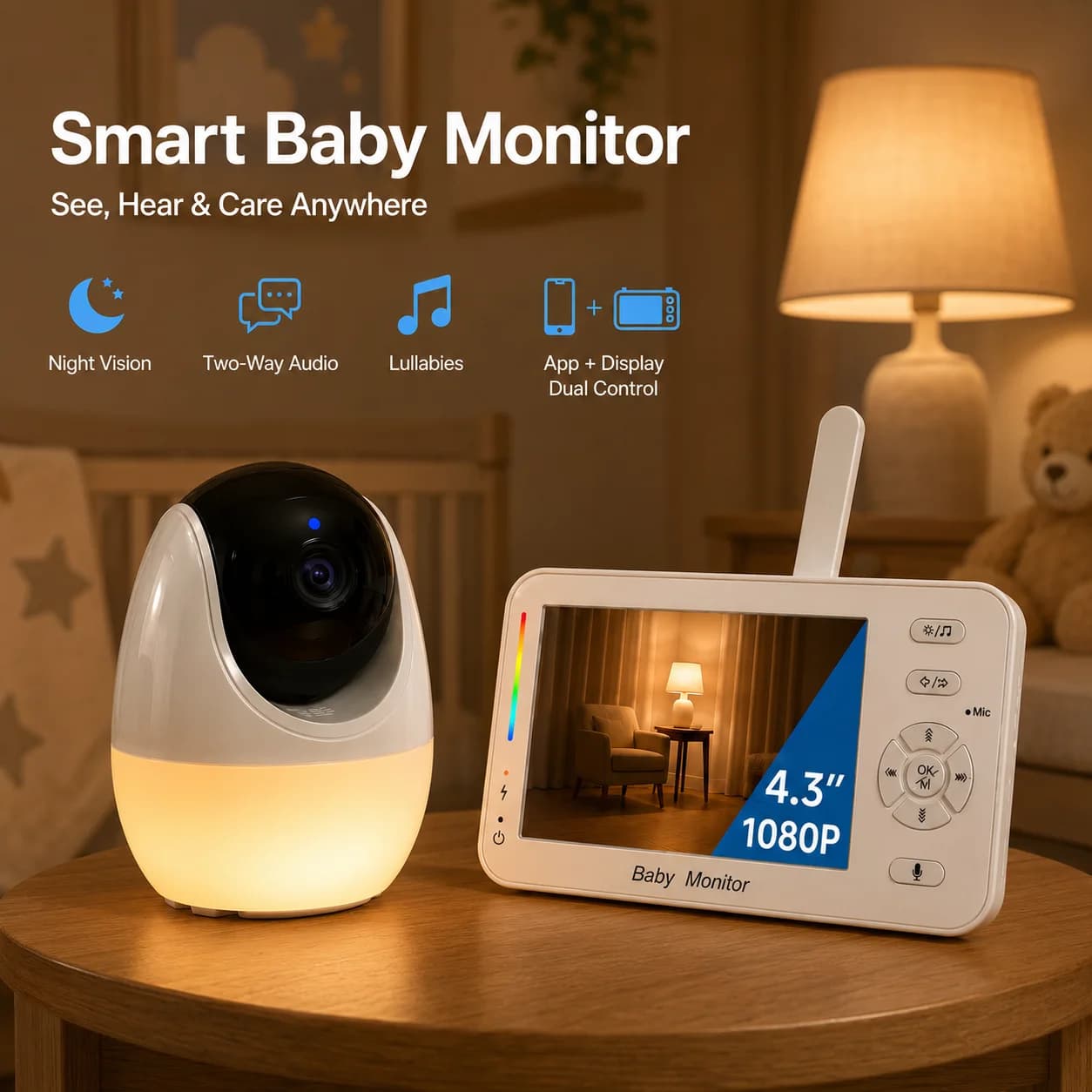 Smart Baby Monitor with Night Light 4.3'' 1080P Display Two-Way Audio Night Vision Lullabies App and Monitor Dual Control