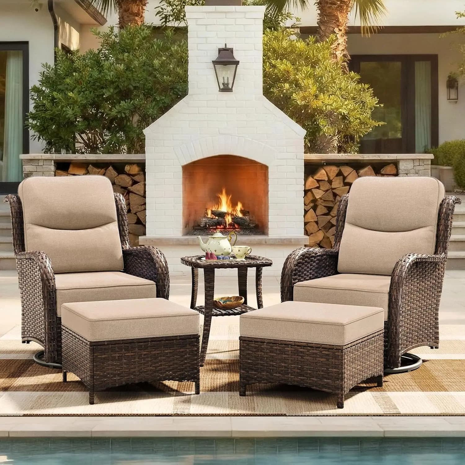 o*-Luxury Patio Furniture Set with 6-inch Thick Cushion, Outdoor High Back Swivel Rocker Patio Chairs, 5PCS Wicker, Customized