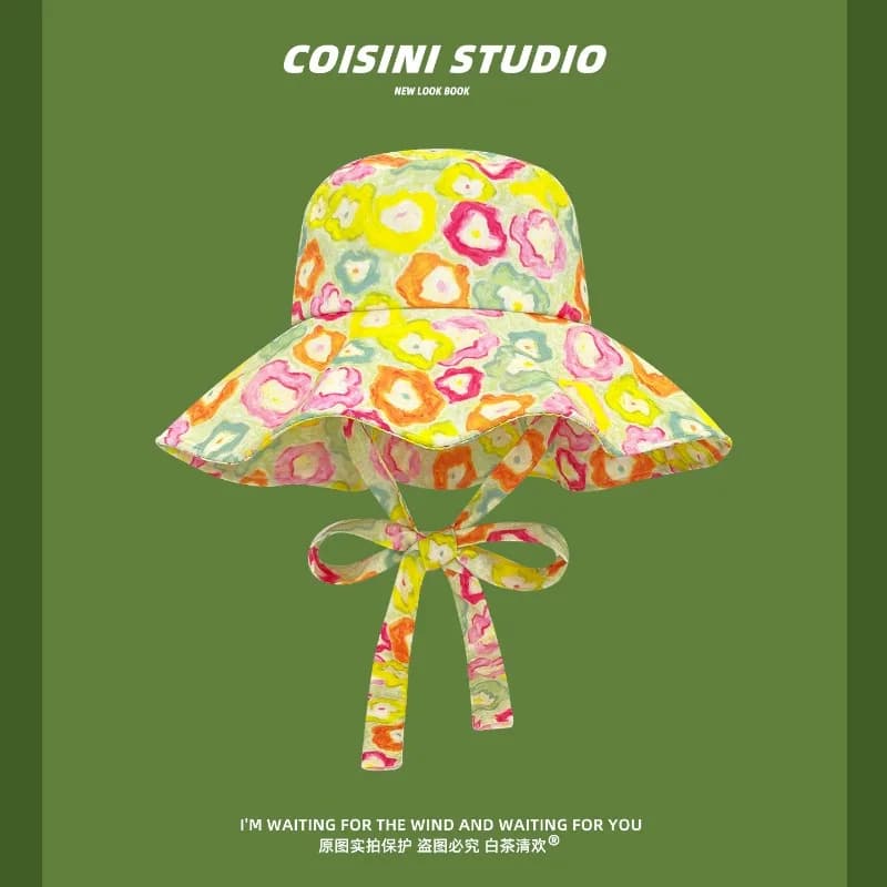 New French Graffiti Flower Print Bucket Hat Spring and Summer Seaside Vacation Strap-on Large Brim Sunscreen Sun Caps for Women