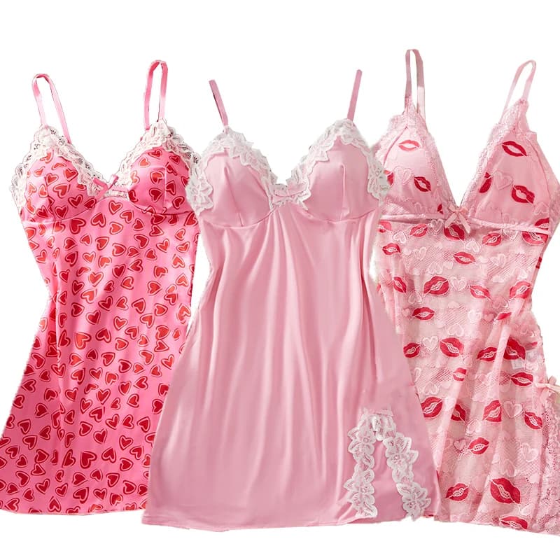 Sexy Nightdress Set Sexy Women's Suspender Sleeping Dress Printed Patchwork Lace Slit Babydoll Erotic Underwear Festival Gift