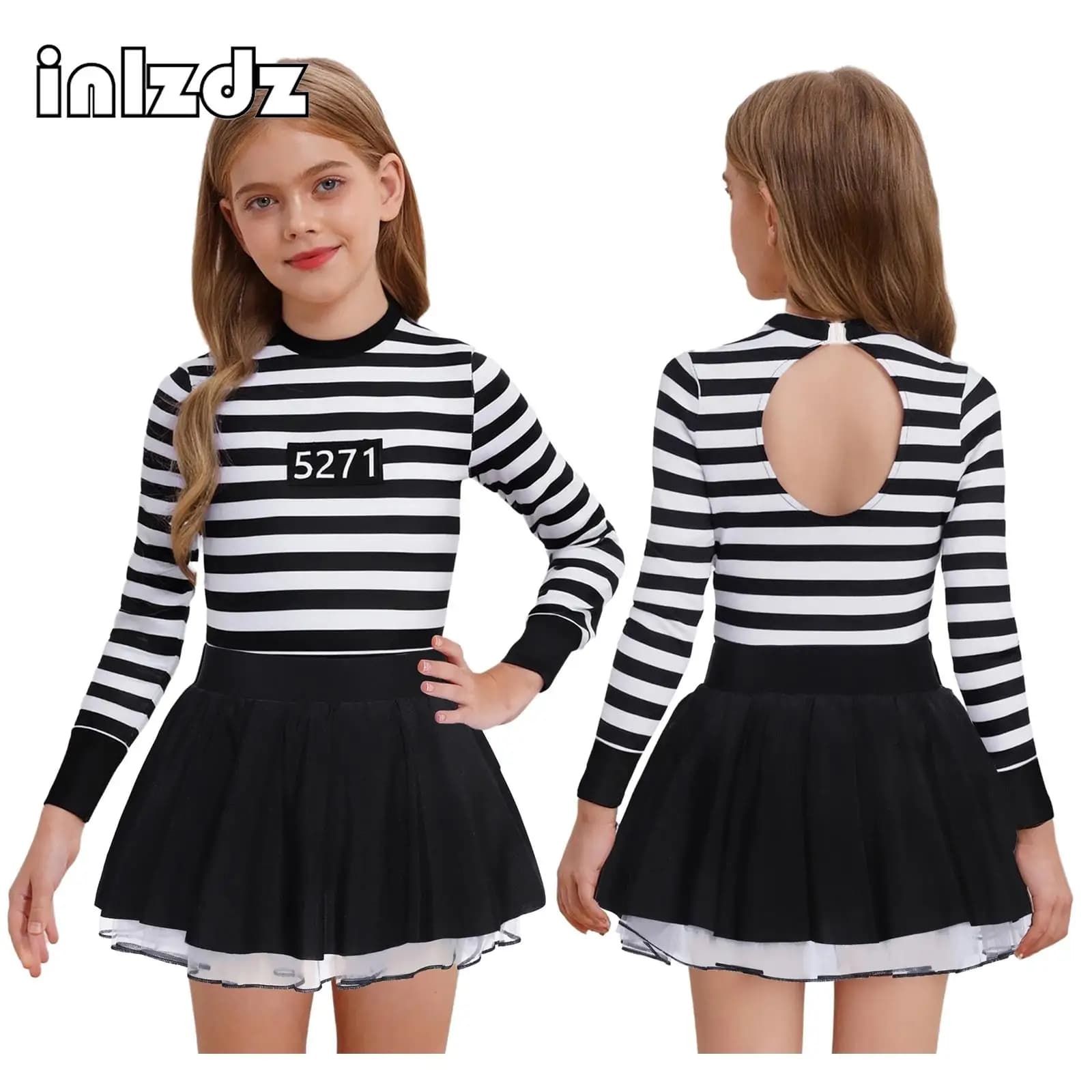 Costume cosplay da prigioniero vestito gonfio a righe per ragazze Halloween Nero Bianco Jailbird Abito da detenuto Tuta da prigione in un pezzo uniforme