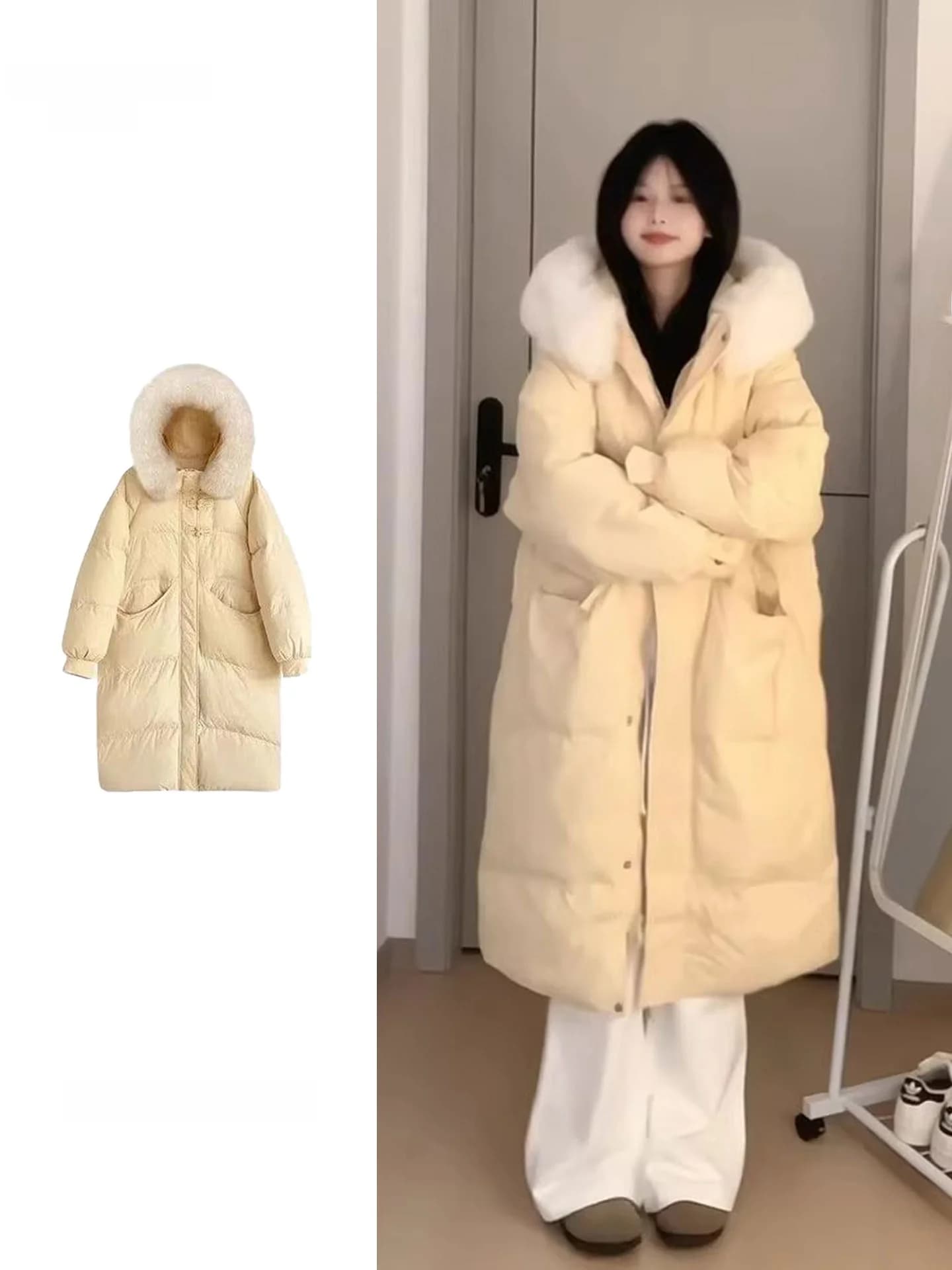 plus Size Yellow down Cotton Jacket Women Winter Korean Style Loose Knee-Length Thickened Fur Collar Warm Straight Cut Coat