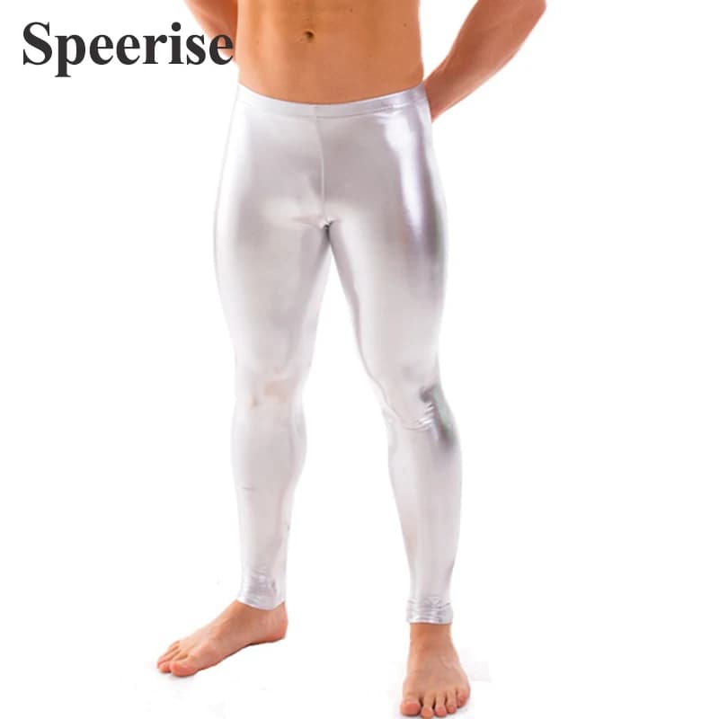 Men's glossy leggings Wet and bright look in eco-leather Elasticized dance pants metallic disco pants Rock punk Night club Nylon