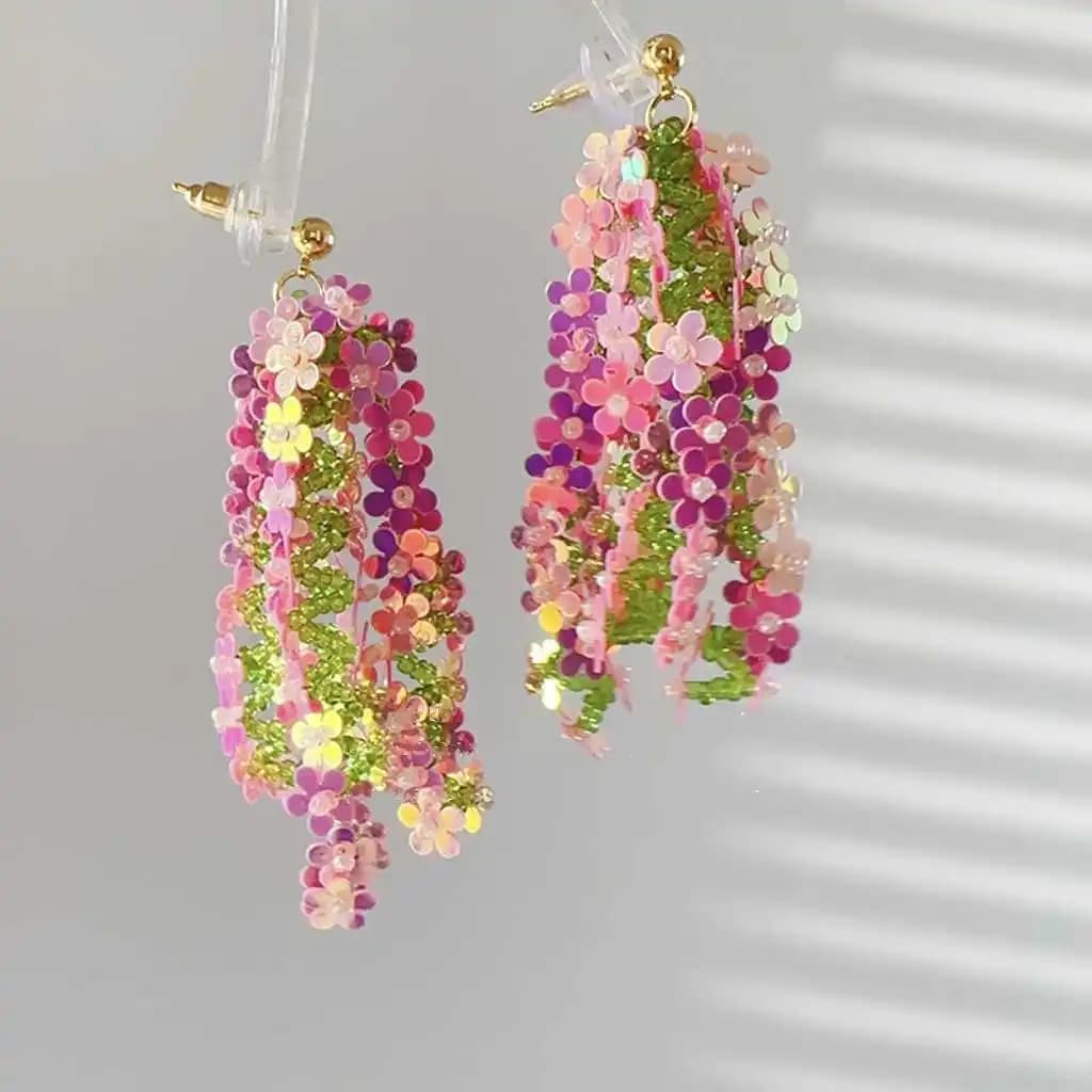 Fata Glicine Flower Long Earrings Flower with sequins Beads Earrings with tassel Jewelry for women Jewelry for holidays in the countryside