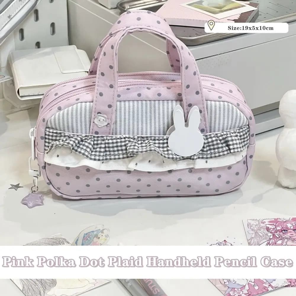Pink Polka Dot Plaid Pencil Case with Clear Itabag Handheld Pencil Pouch Large Capacity Multi-Compartment Stationery Organizer