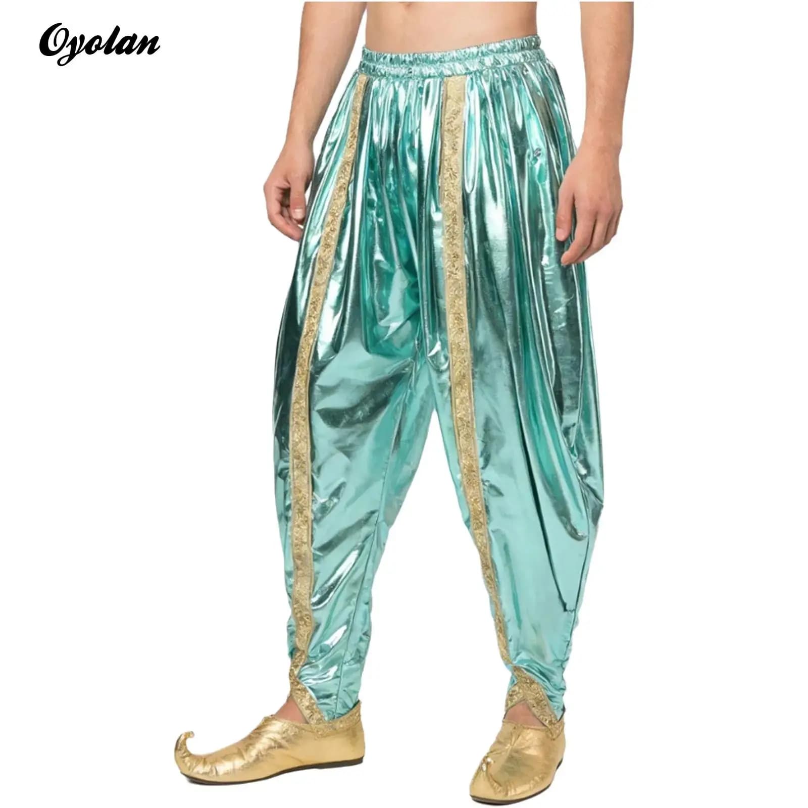 Pantaloni Dhoti indiani da uomo Principe Carnevale Costume da festa cosplay Broccato dorato Trim Metallico lucido Arabo Baggy Harem Palazzo Pantaloni