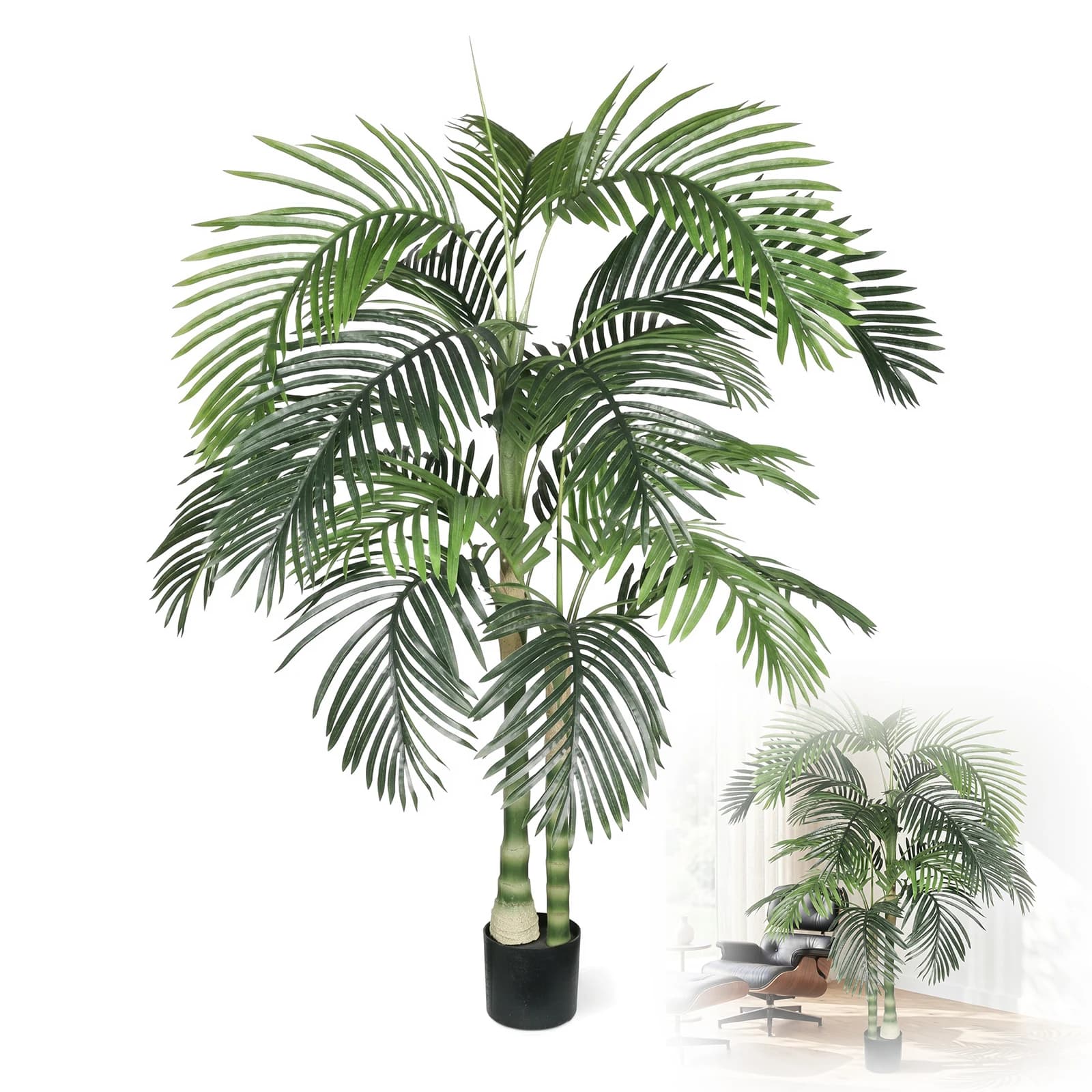 6FT Artificial Palm Tree with Black Plastic Pot, Tall Faux Palm Tree Indoor with Real Touch Fake Plants, Artificial Plants with Lifelike Leaves for Indoor Outdoor Floor Decoration