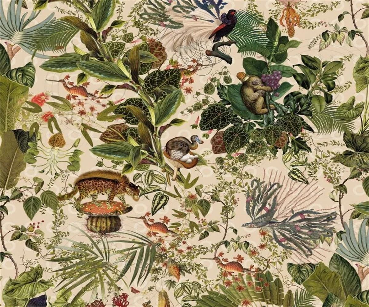 Carta da parati 3D personalizzata con motivi floreali, piante tropicali del sud-est asiatico e animali, per hotel di lusso.