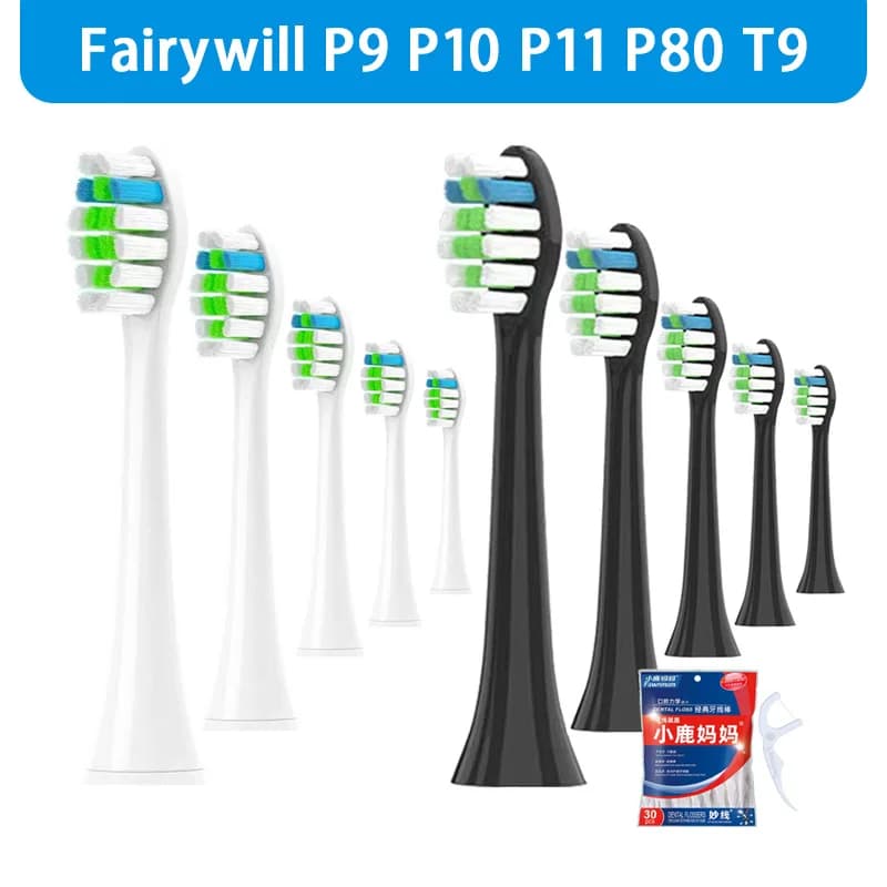 Fairywill P80 P10 P9 P11 T9 Spazzolino elettrico Sostituisci testine Imballaggio sigillato Setole DuPont Sostituisci ugelli Testine