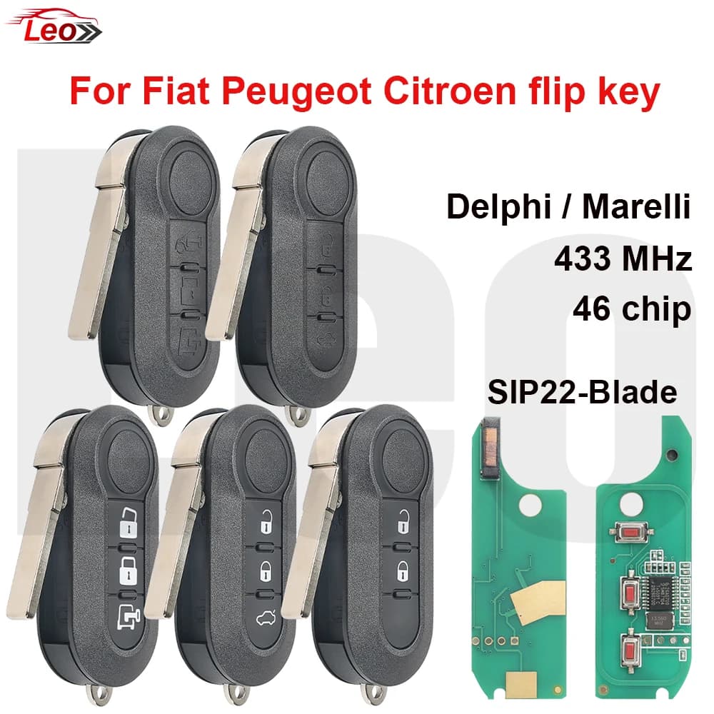 Leo 433MHz 46chip Car Flip Remote Key for Fiat 500 Punto Panda Bravo Delphi 500L Ducato Citroen Jumper Peugeot Boxer Marelli Key