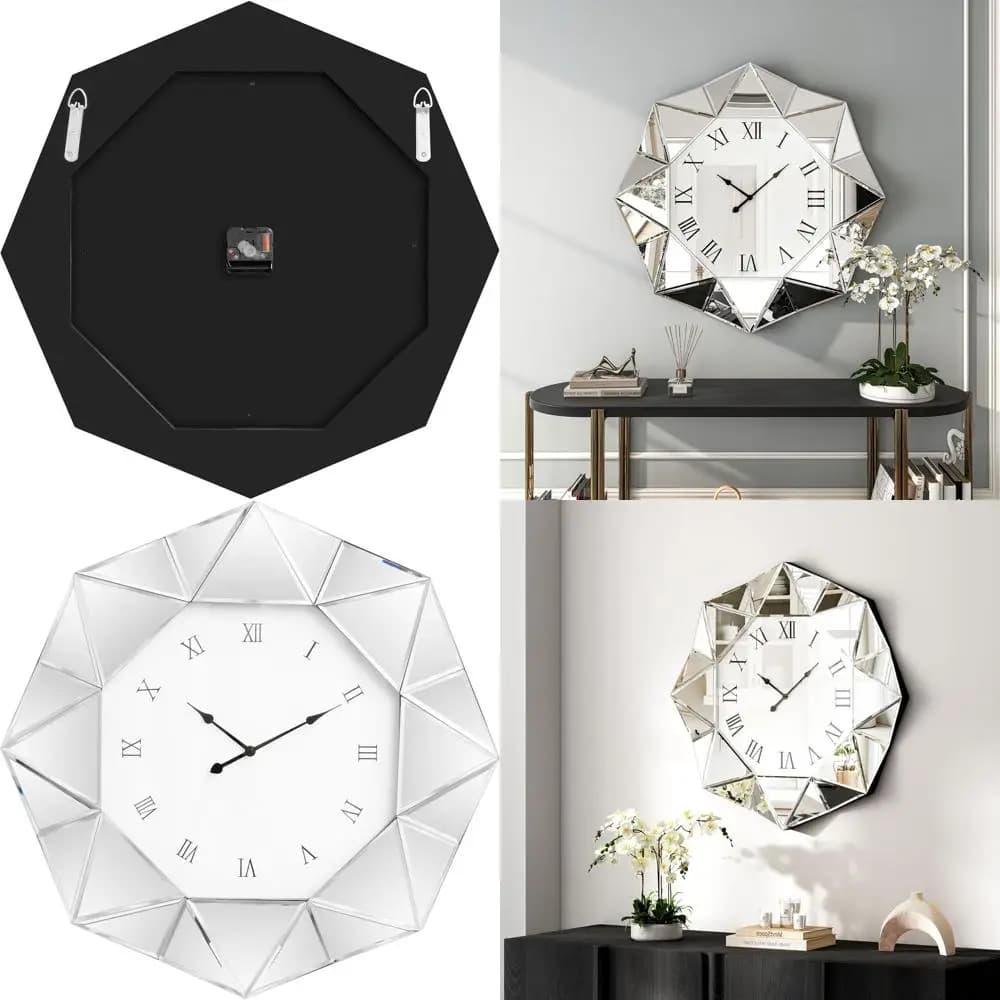 Decorative wall clock, 22 inch large mirror wall clock, silver silent modern wall clocks with diamond beveled edge, home decoration