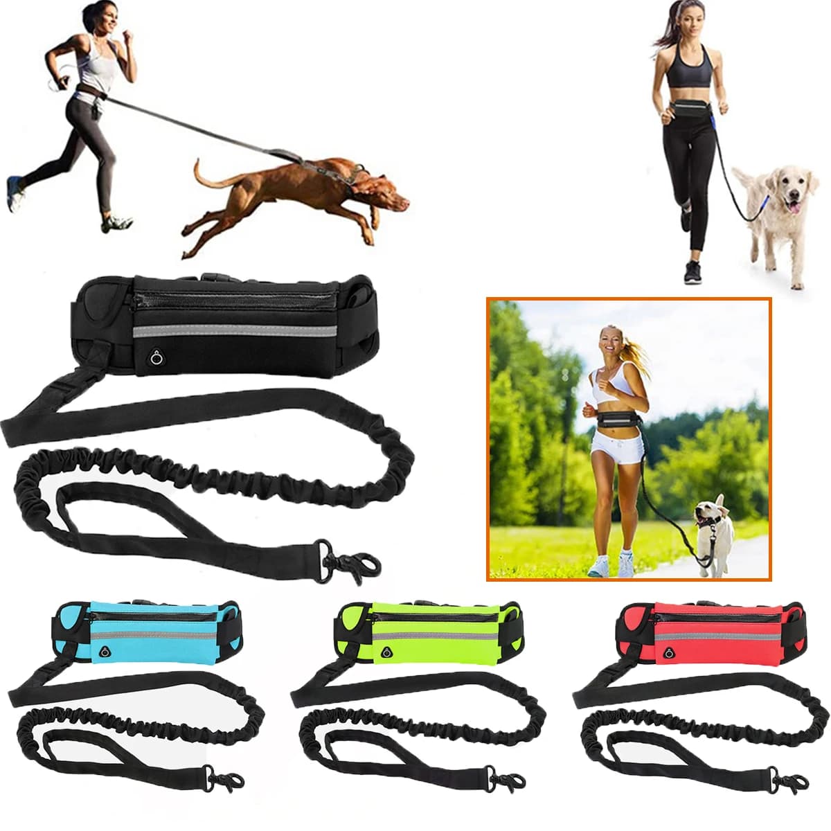 Hand-free dog hook reflective leash with pouch traction rope for dogs retractable elastic belt for running products for pets