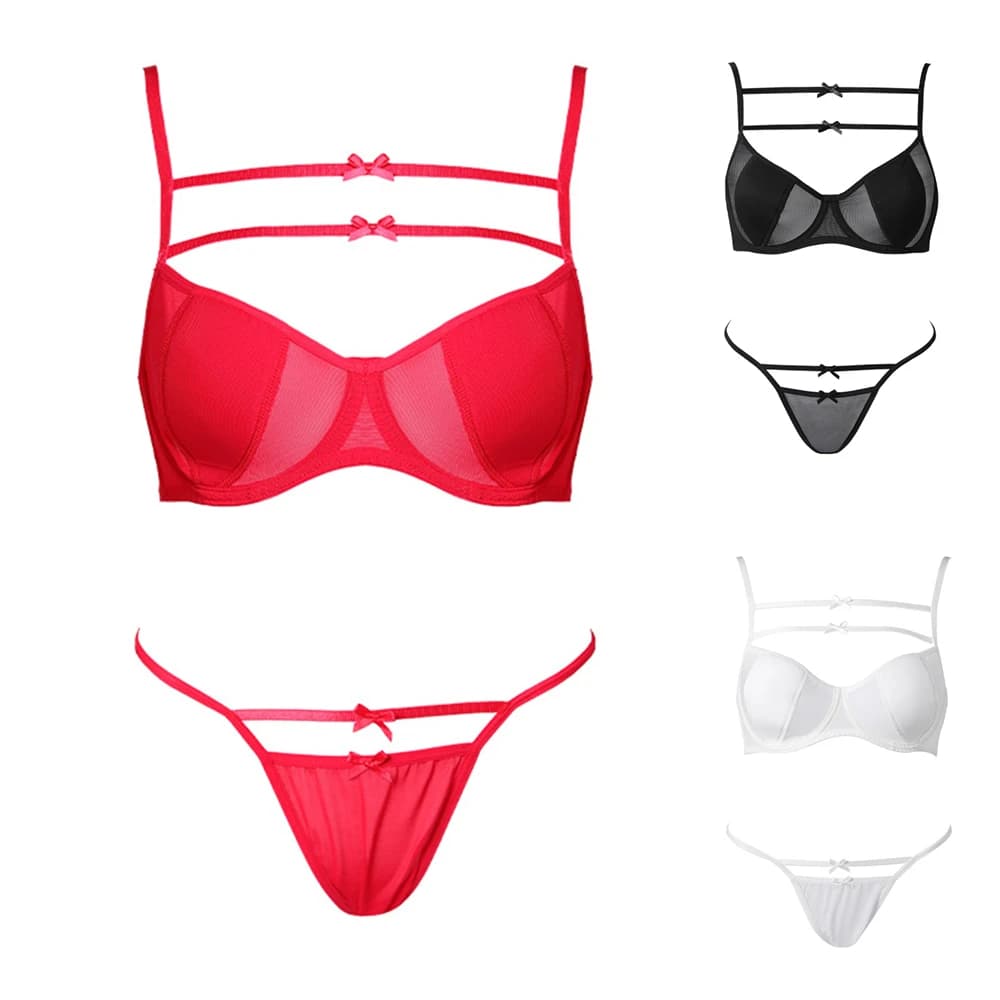 Lingerie francese Sexy con fasciatura a fiocco per donna reggiseno in pizzo trasparente mutandine intimo per donna ferretto raccogliere reggiseno Push Up