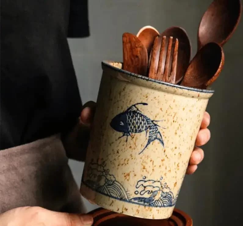 Japanese-style Ceramic Chopsticks Tube Kitchen Drain Cage Retro Household Tableware Knife Fork Spoon Storage