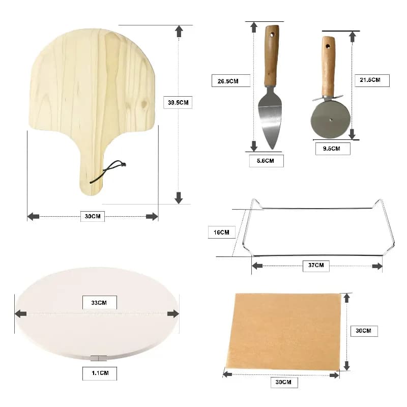 Accessori per pizza Strumento 17 pezzi Cordierite refrattaria Forno per pizza Griglia in pietra Buccia per servire Rack Cutter Server
