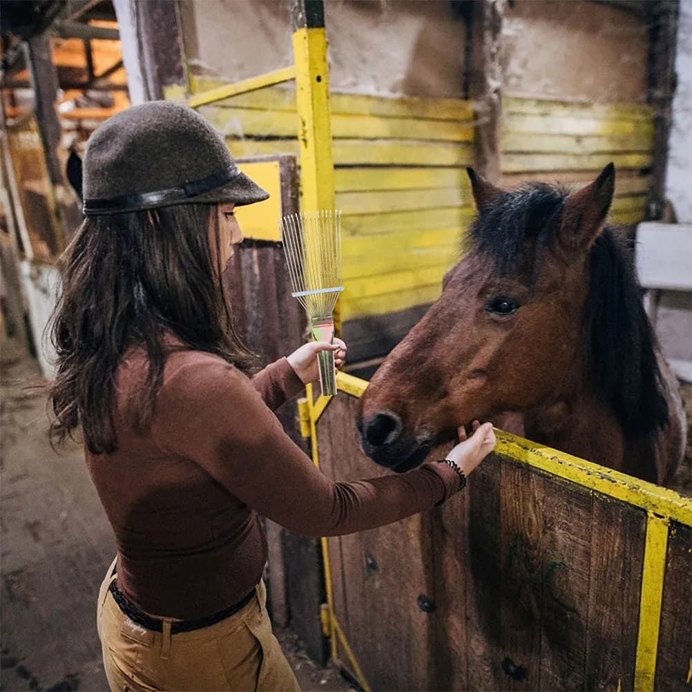 Spazzola in Crine di Cavallo con Denti in Metallo per la Toelettatura del Bestiame, Strumento Confortevole per Massaggio e Pulizia del Bovino