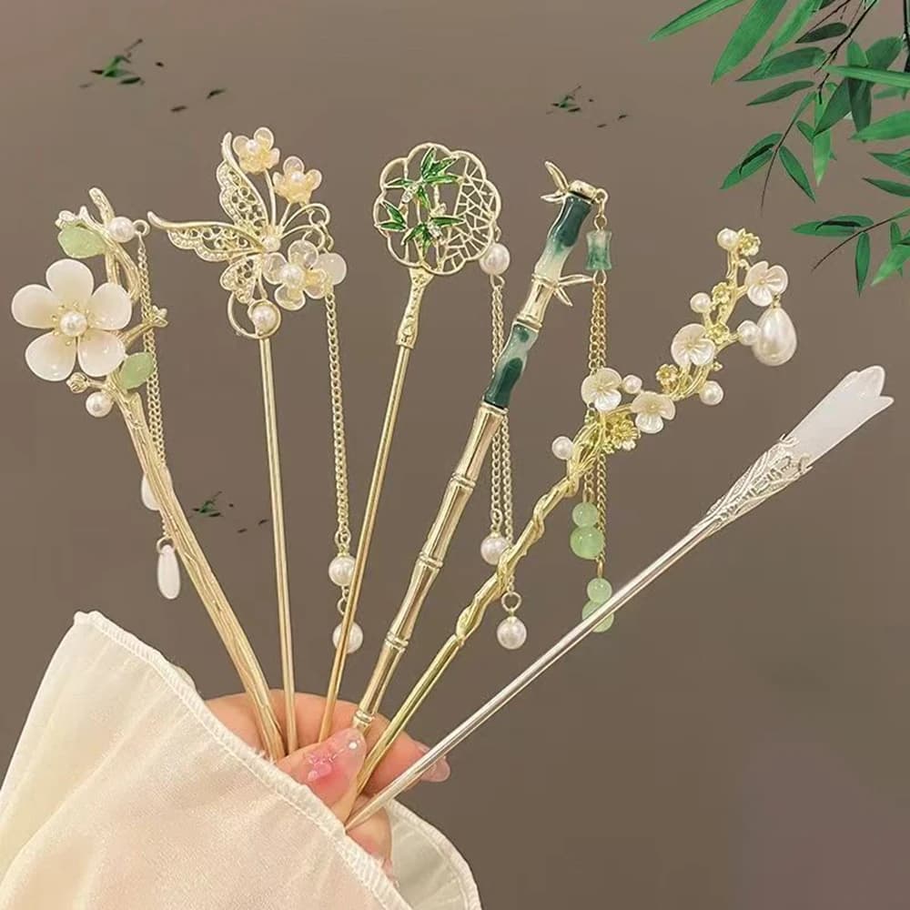 1/6 pieces elegant chinese style nappa stick for traditional hair design floral accessory for hairstyle jewelry for woman hairpin