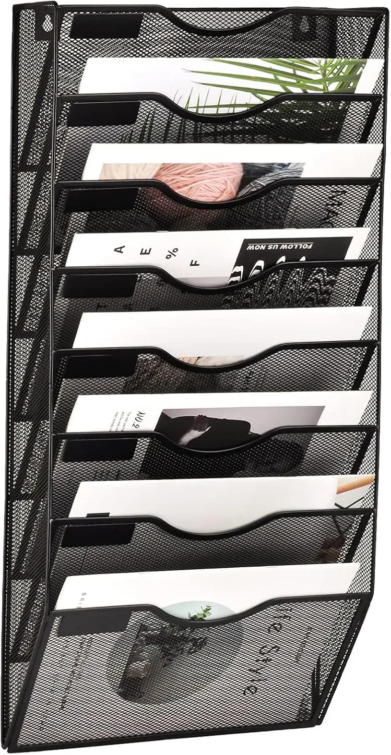 Organizzatore da parete a 8 tasche, porta documenti in rete con clip e etichetta per ufficio, casa e scuola, nero