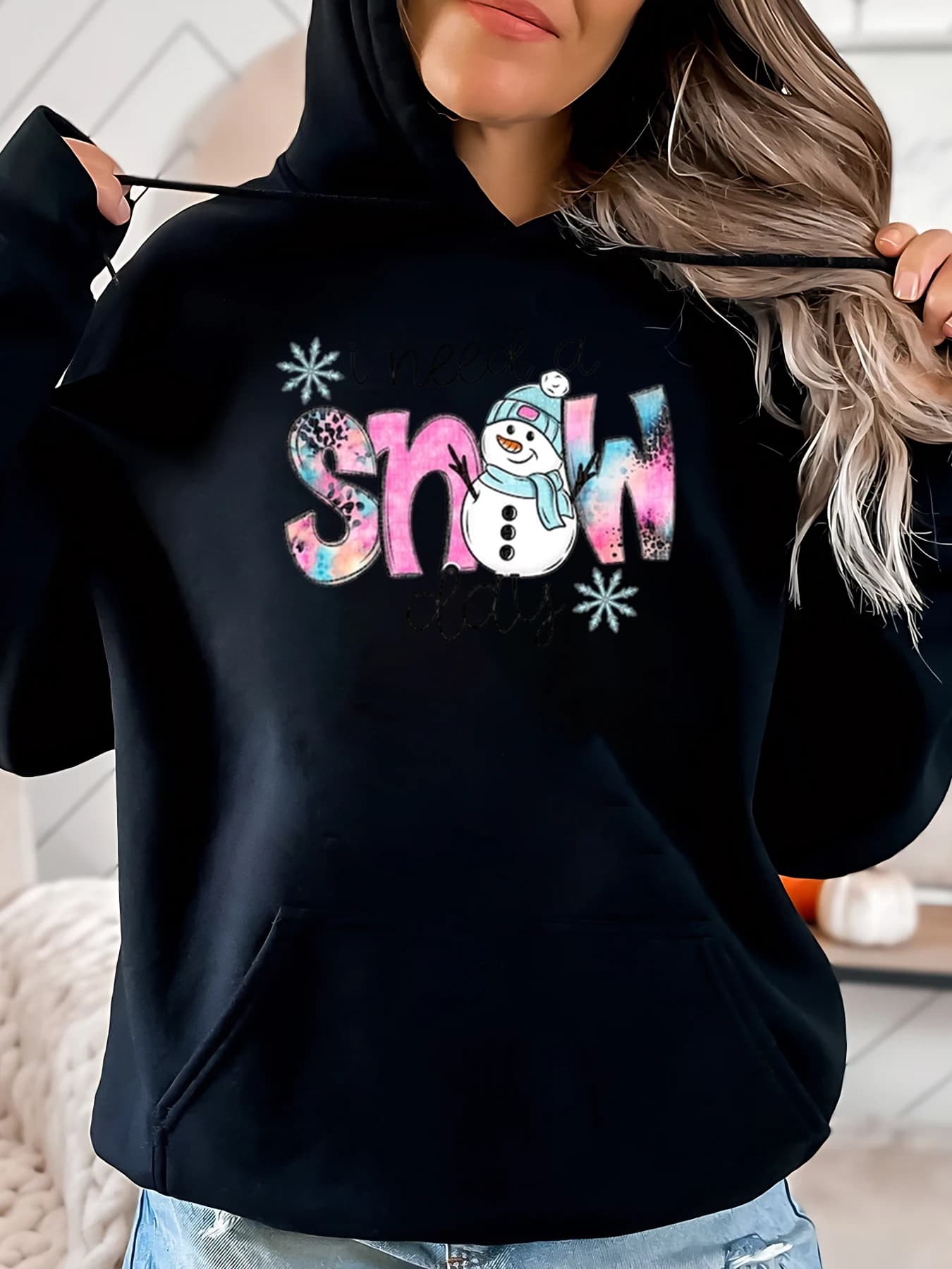 Christmas hoodie with snow and snowman lyrics print Women winter casual clothing Black Plus size