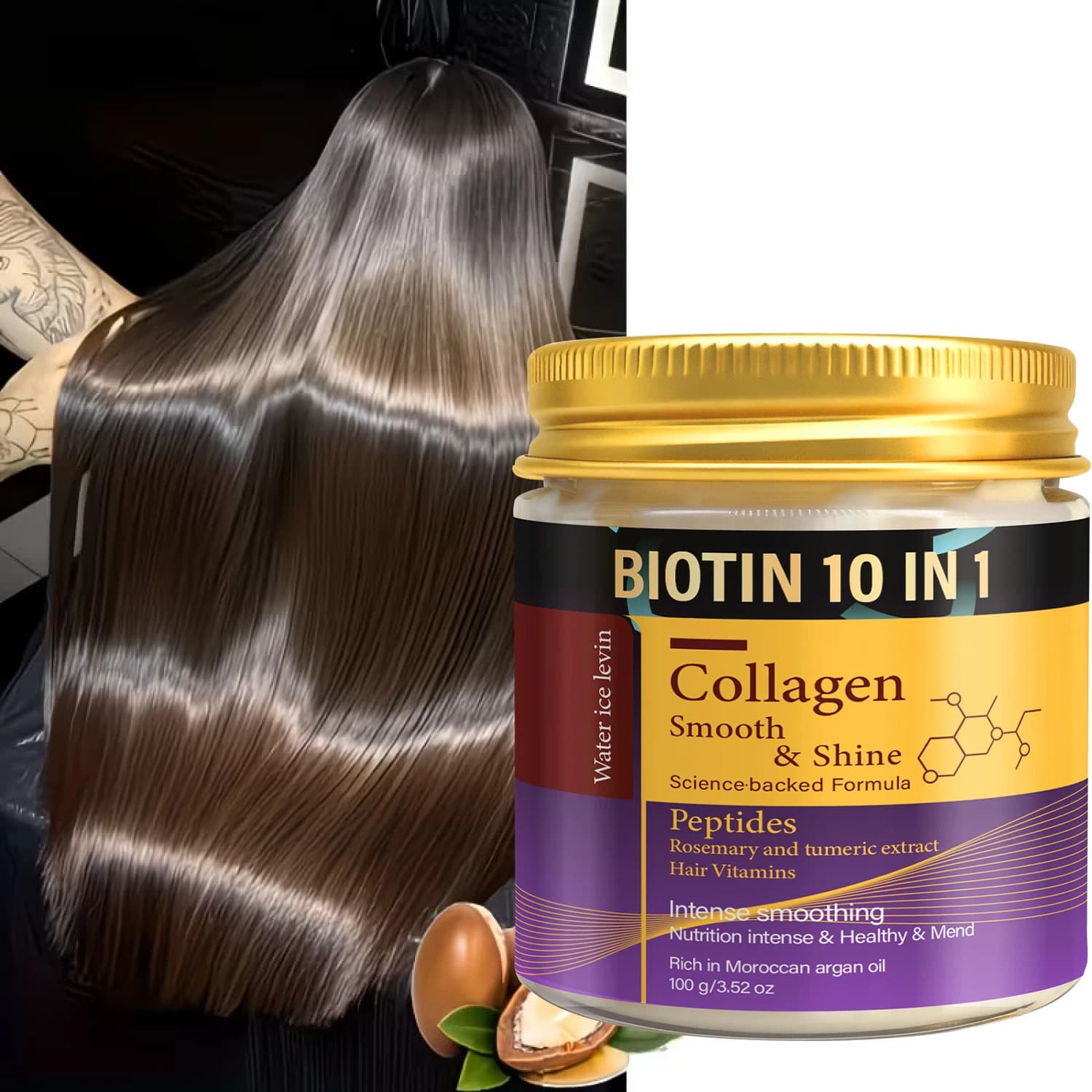 Idratante per Capelli 10-IN-1 Miscela di Peptidi di Collagene, Rosmarino, Curcuma e Olio di Argan Liscia, ripara, aumenta la lucentezza. Capelli Sani e Setosi