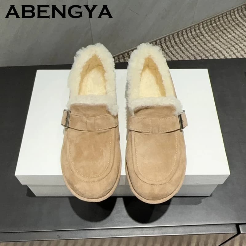 2025 Winter Wool Lining Flat Loafers Shoes Women Round Toe Suede Belt Buckle Plush Short Boots Casual Warm Fur Snow Boots Female