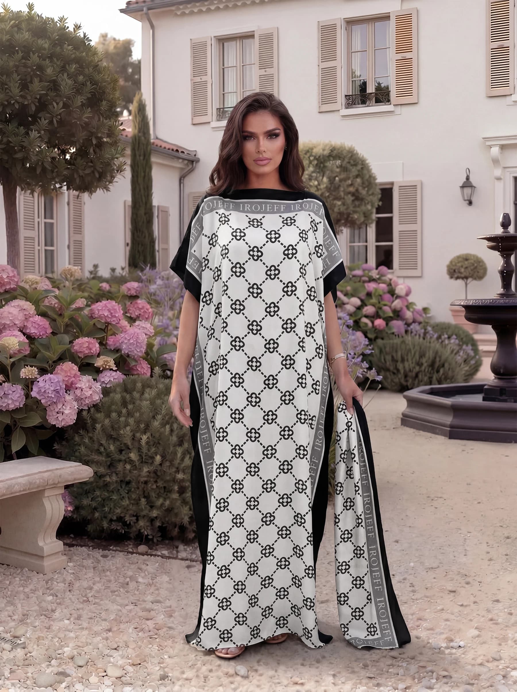 Clover Geometric Print Satin Abaya Scarf Set, Loose Batwing Kaftan For Muslim Women Summer Holiday Wear