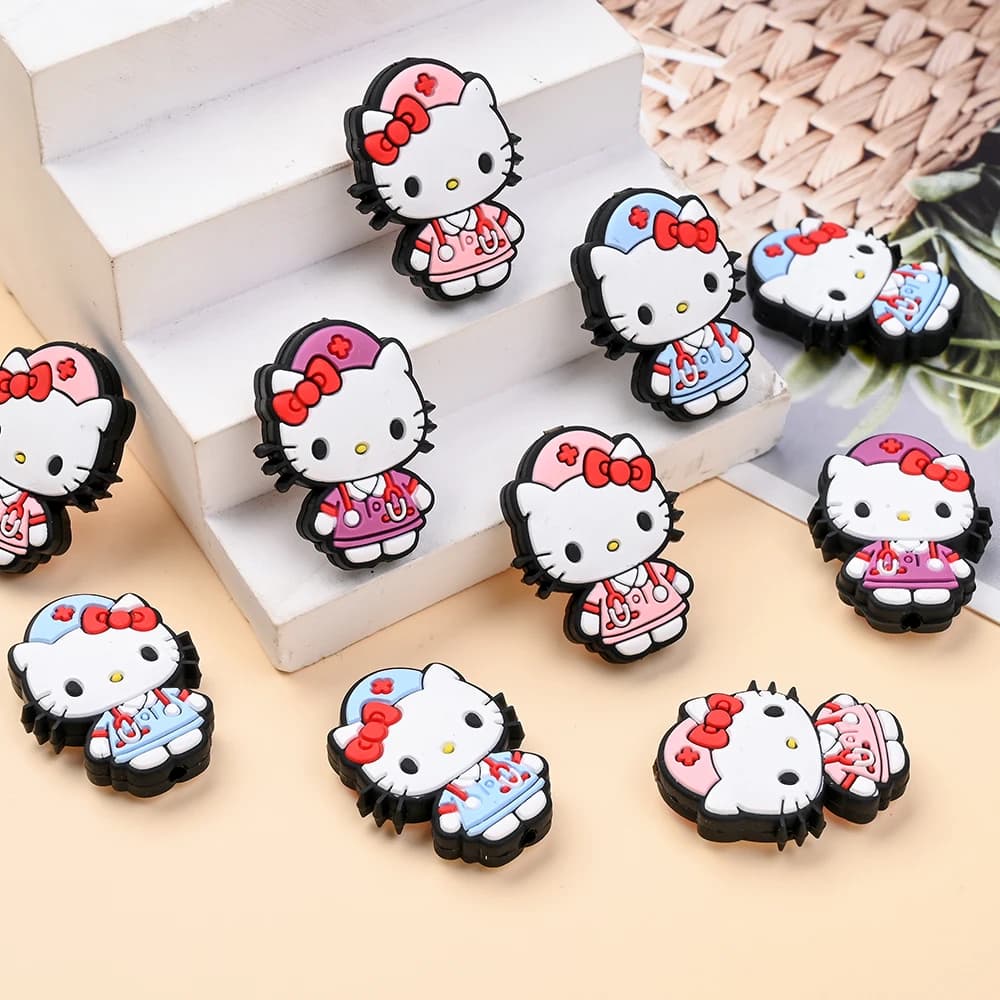 6 pz Focus Silicone Massaggiagengive Perline 3 colori Infermiera Hello Kitty Forma Piatto Per Ciuccio Fatto A Mano Catena Pinze Dummy Holder FAI DA TE