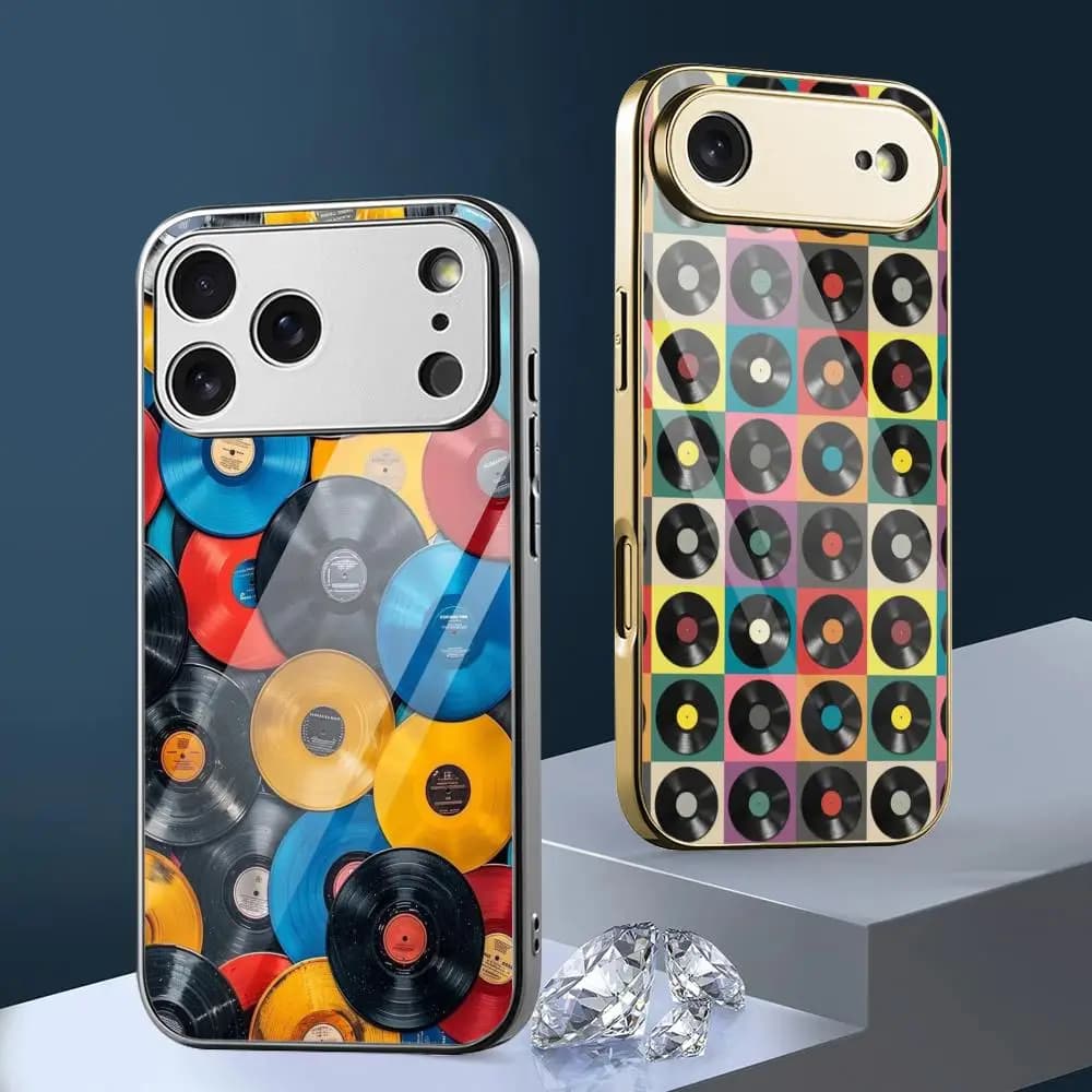 Cover Protettiva in Metallo Galvanizzato con Retro in Vetro per iPhone 17 16 15 14 13 12 Pro Max Plus - Design Cool a Disco Vinile