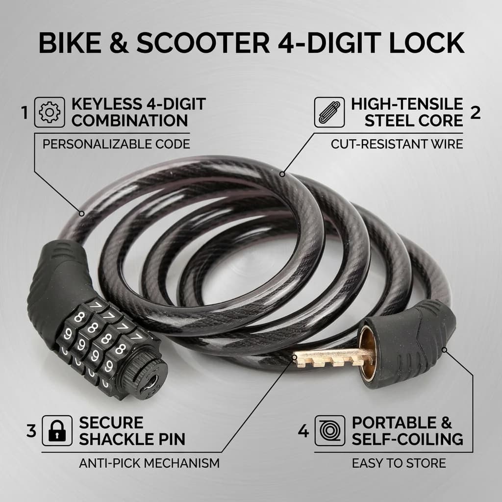 Bike Scooter 4 Digit Bike Lock Anti-Theft Steel Cable Wire Chain Bicycle Password Lock Portable Security Cycling Accessories