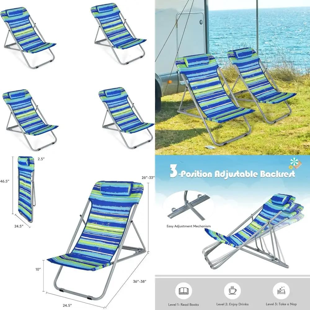 Poltrone da spiaggia con schienale regolabile per adulti, set da 2 pezzi con cuscino rimovibile, reclinabili portatili per campeggio e spiaggia