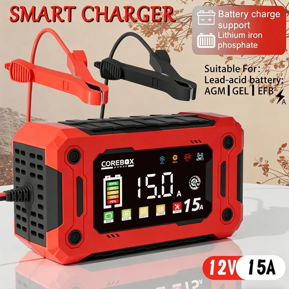 Brand new Car Charger 12V 15A/8A with Impulse Repair, Wide Display, Intelligent Battery Charger for Auto and Motorcycle Batteries at Lead-Acido, AGM, GEL