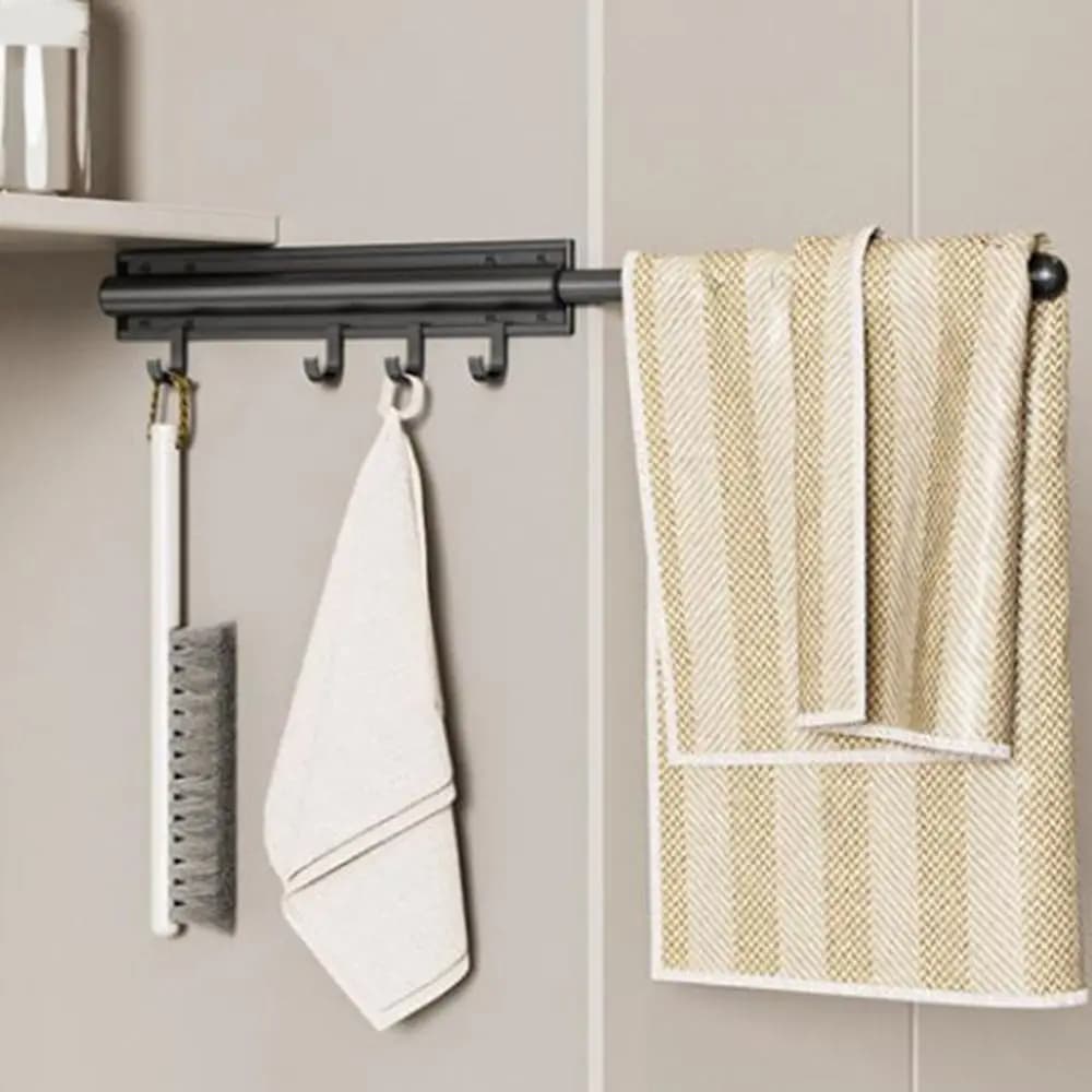 Wall Retractable Retractable Clothes Hanger with Rod for Aluminum Alloy Space Saving Cabinet with 4 Hooks