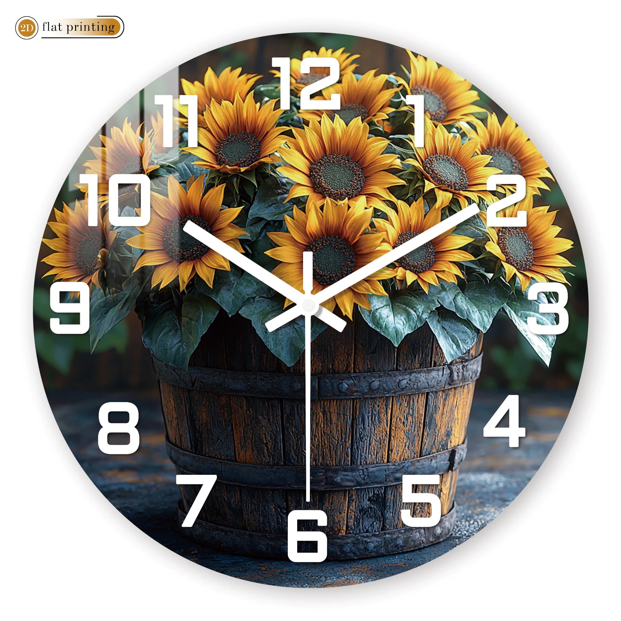 Orologio a secchiello in legno di girasole rustico - Design vibrante con decorazioni floreali, movimento al quarzo silenzioso, accento affascinante per cucina/balcone