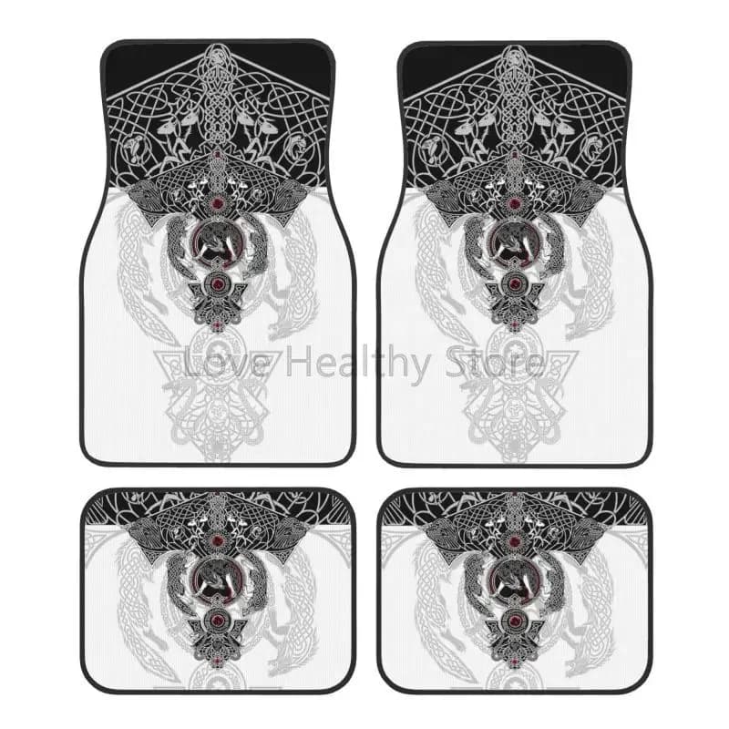 Vikings Tattoo Odins Ravens Muninn Crow Tappetini per auto 4 pezzi Tappetini per auto anteriori e posteriori con supporto in gomma Tappetini universali