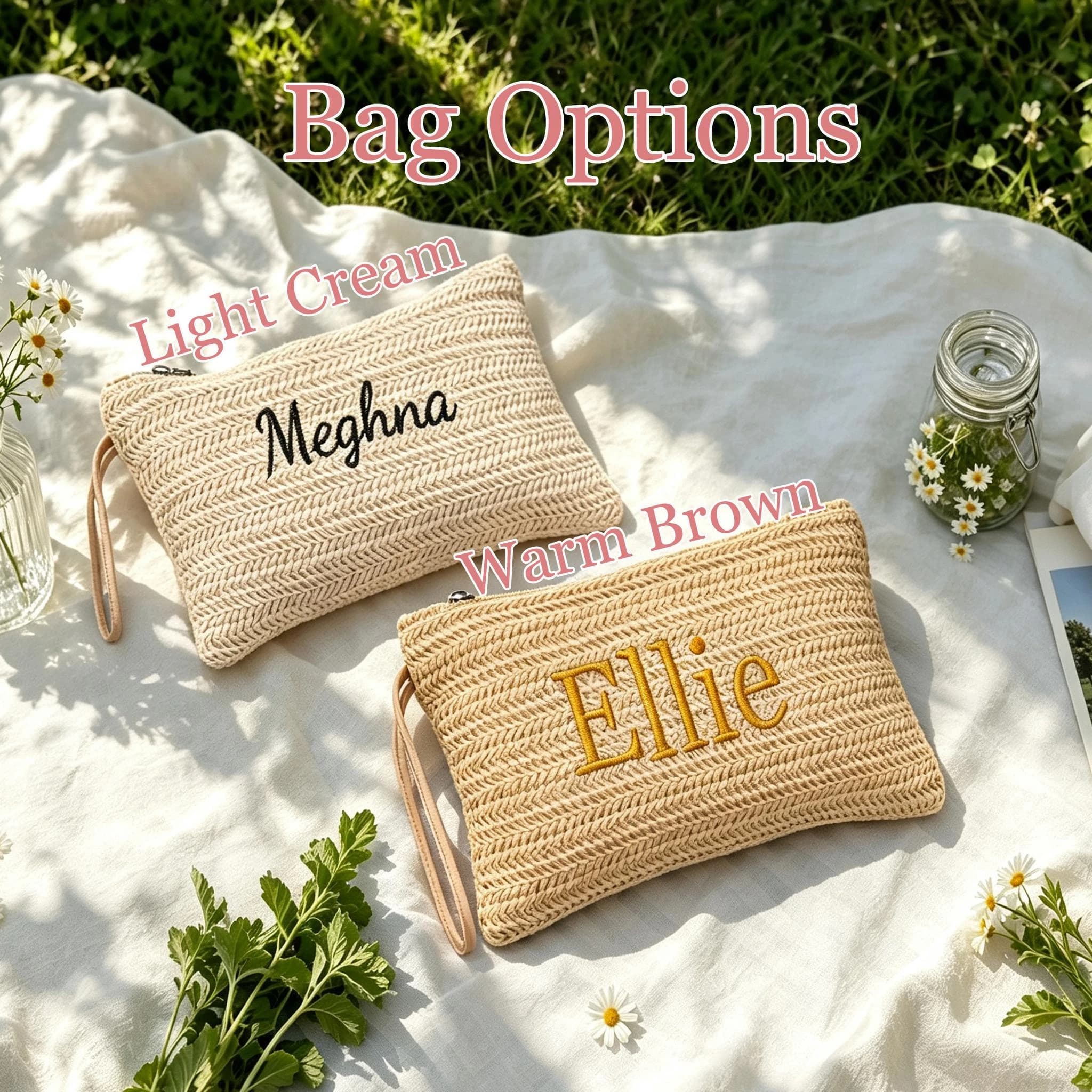 Custom Name Straw Makeup Bag Embroidered Makeup Pouch Summer Beach Purse Bridesmaid Gift Vacation Travel Cosmetic Bag for Women