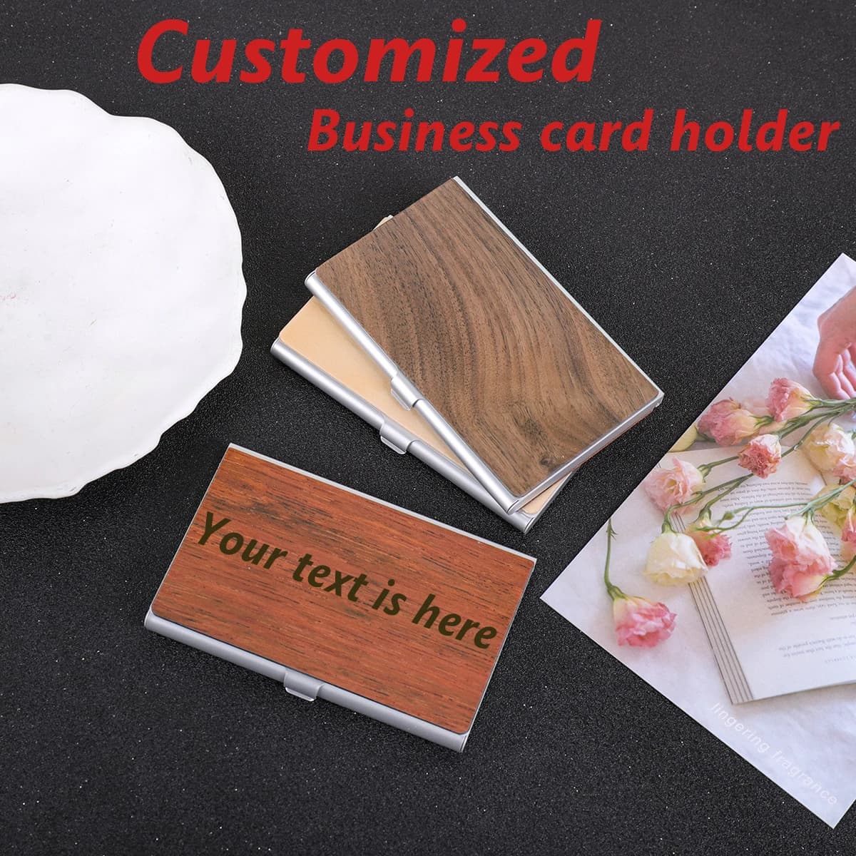 Personalized Business Card Holder with Custom Text, Business Card Case with Wood Cover, Laser Engraving, Personalized Business Card Holder