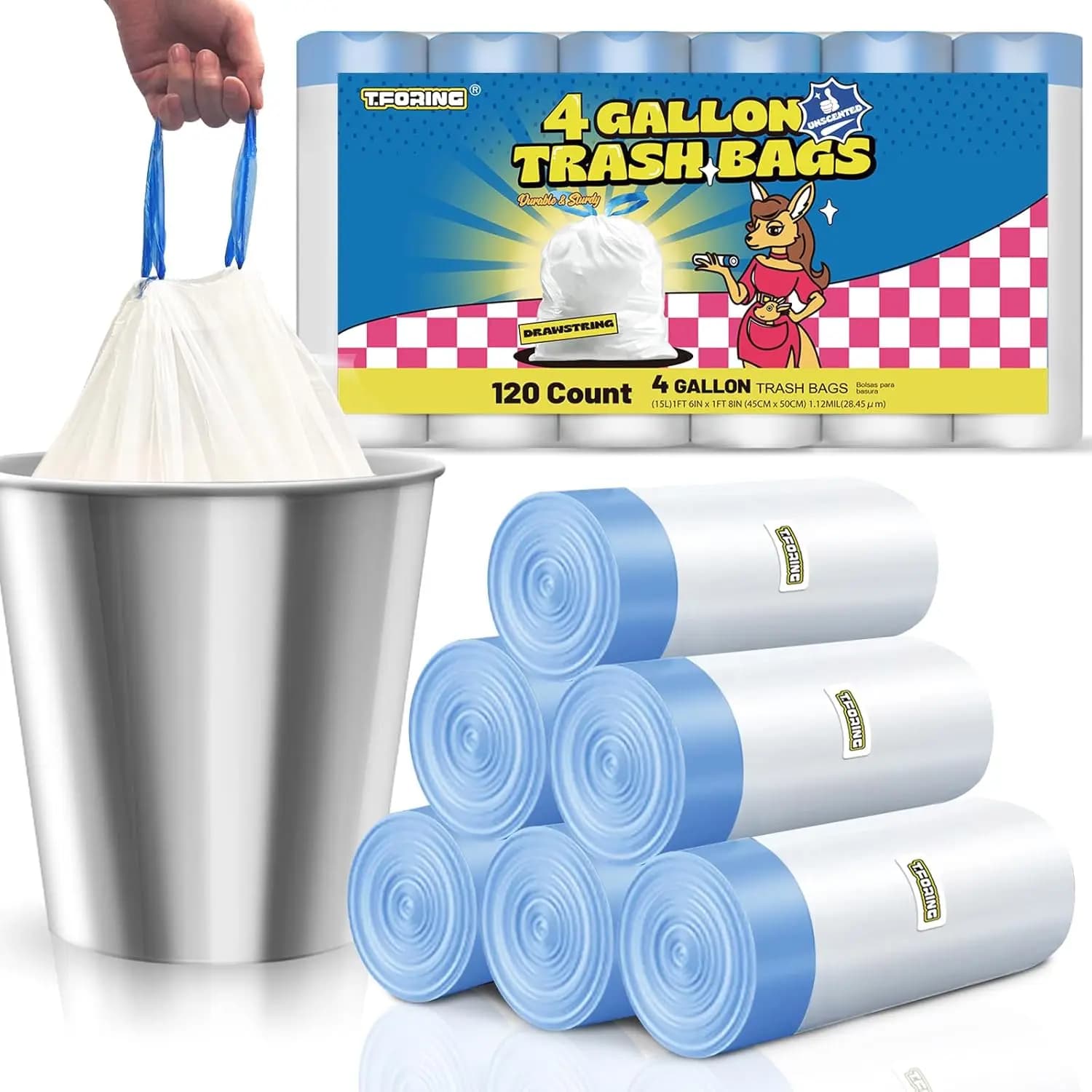 Sacchi per la Spazzatura con Cordoncino da 4 Galloni, 1.1 Mil Bianchi Senza Profumo per Cestini da Bagno, Casa e Ufficio