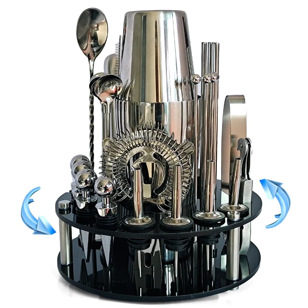 Set da Cocktail Americano JC in 30 Pezzi, Shaker Boston in Acciaio Inox, Piattaforma Girevole in Acrilico