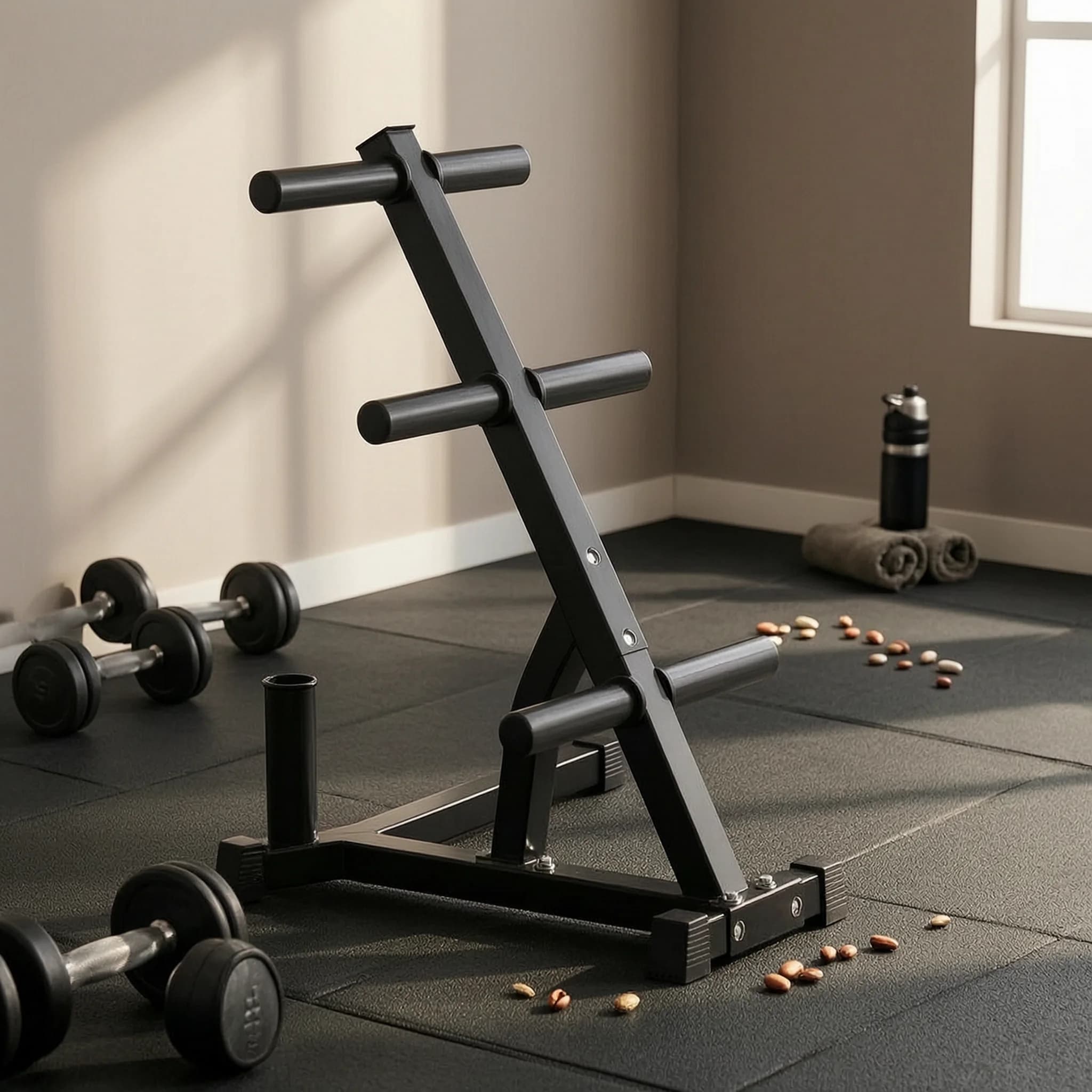 Barbell Plate Rack Triangular Weight Plate Rack with Barbell Holders Compact Heavy-Duty for Home Gym Owners, Fitness Studio