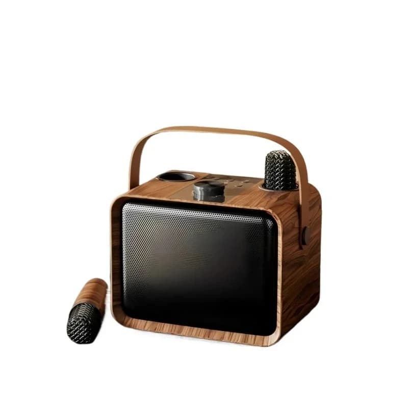 Sistema audio surround classico, microfono integrato nel diffusore, macchina per karaoke da esterno per balli di gruppo e canto.