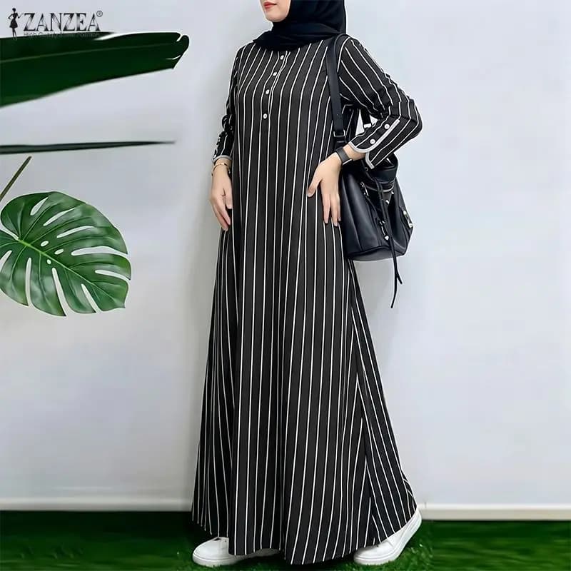 Muslim Modest Striped Maxi Dress Women Casual Loose O-Neck Long Sleeve Contrast-Trim Abaya Robes ZANZEA Islamic Hijabis Kaftan