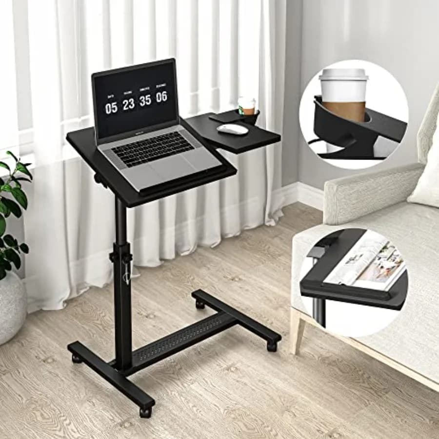 Supporto per laptop da letto per uso ospedaliero, domestico e in ufficio; in lega di alluminio; nero; altezza regolabile, doppio piano inclinabile, porta bicchieri.
