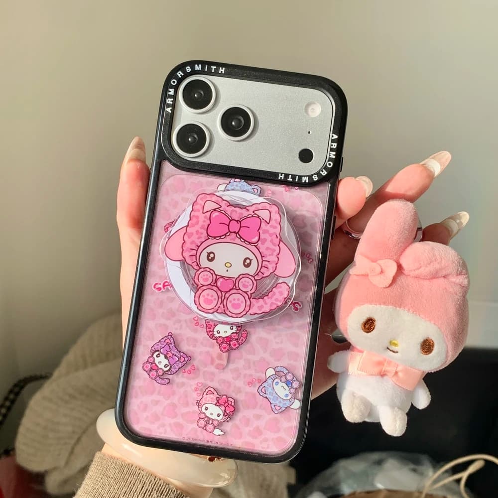 Custodia per telefono con stampa leopardata e supporto magnetico per ricarica wireless per iPhone 17 16 15 14 13 12 11 Pro Max, cover rigida con simpatico design Sanrio Melody